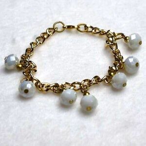 VTG Dangle White Beads Gold Tone Link Chain Retro Lobster Claw Clasp Bracelet